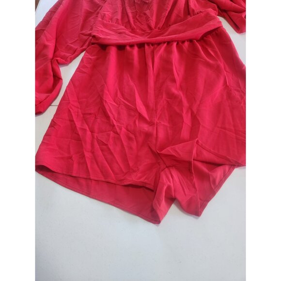 Red Off Shoulder Bow Tie Back Long Sleeve Romper Women's Size XL - Picture 2 of 8
